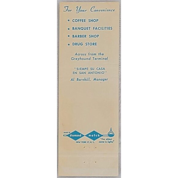 Front Strike Matchbook Cover Blue Bonnet Hotel San Antonio TX Texas - Picture 3 of 5